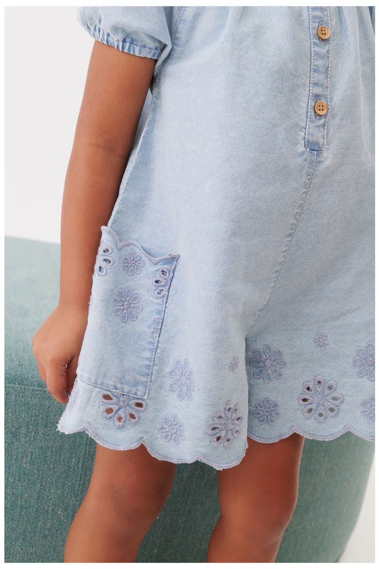 Kids' Eyelet Cotton Denim Romper, Alternate, color, BLUE DENIM