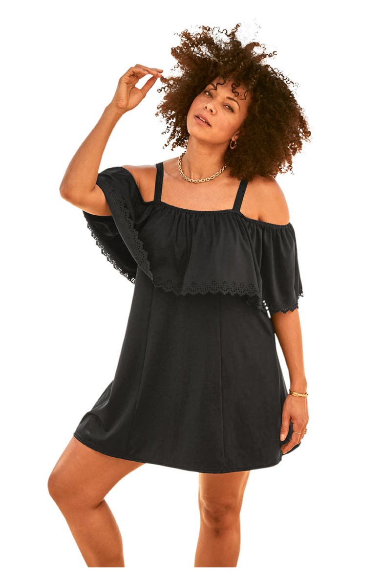 Swim 365 Laser-Cut Off-The-Shoulder Swim Dress, Main, color, Black