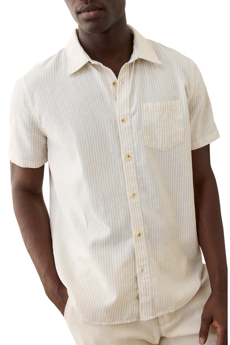 Better-Than-Linen Stripe Short Sleeve Button-Up Shirt, Main, color, TAN/ WHITE STRIPE