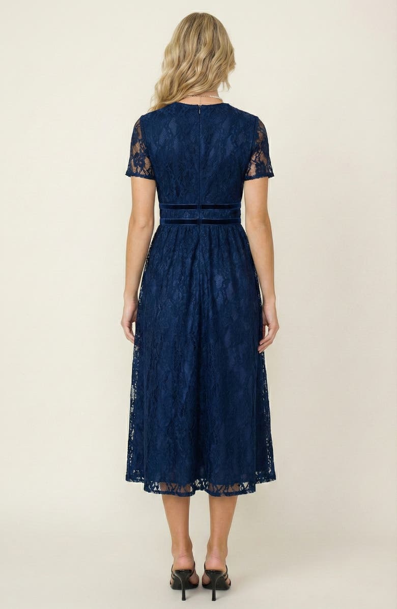 Modenaire Lace Midi Dress with Sheer Short Sleeves and Velvet Waistband Detail, Alternate, color, Navy