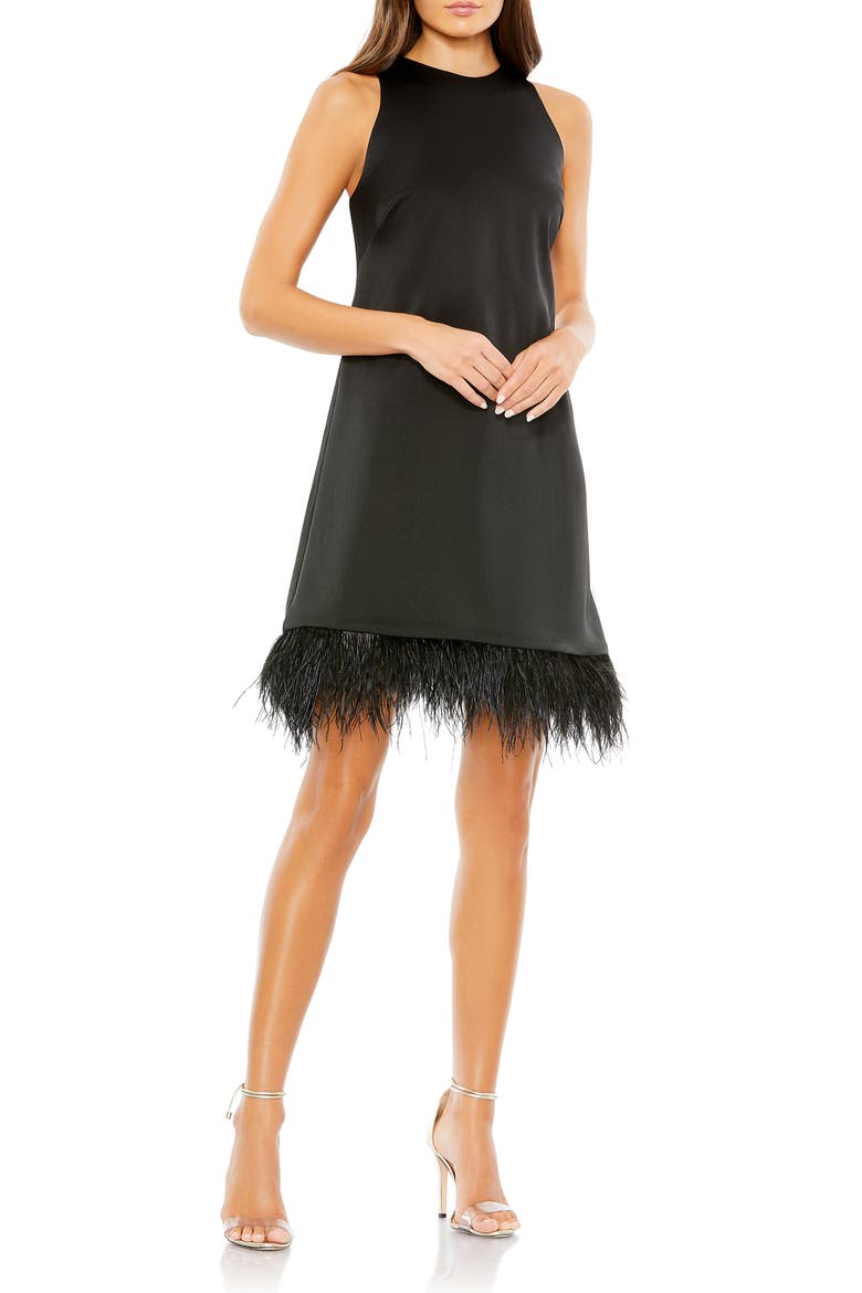 Feather Hem High Neck A-Line Dress, Main, color, BLACK