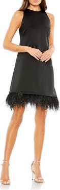 Ieena for Mac Duggal Feather Hem High Neck A-Line Dress