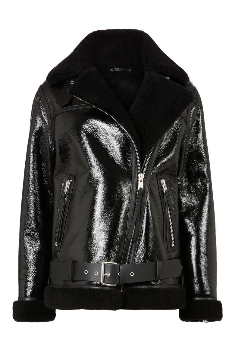 Rei Genuine Shearling & Leather Moto Jacket, Alternate, color, BLACK