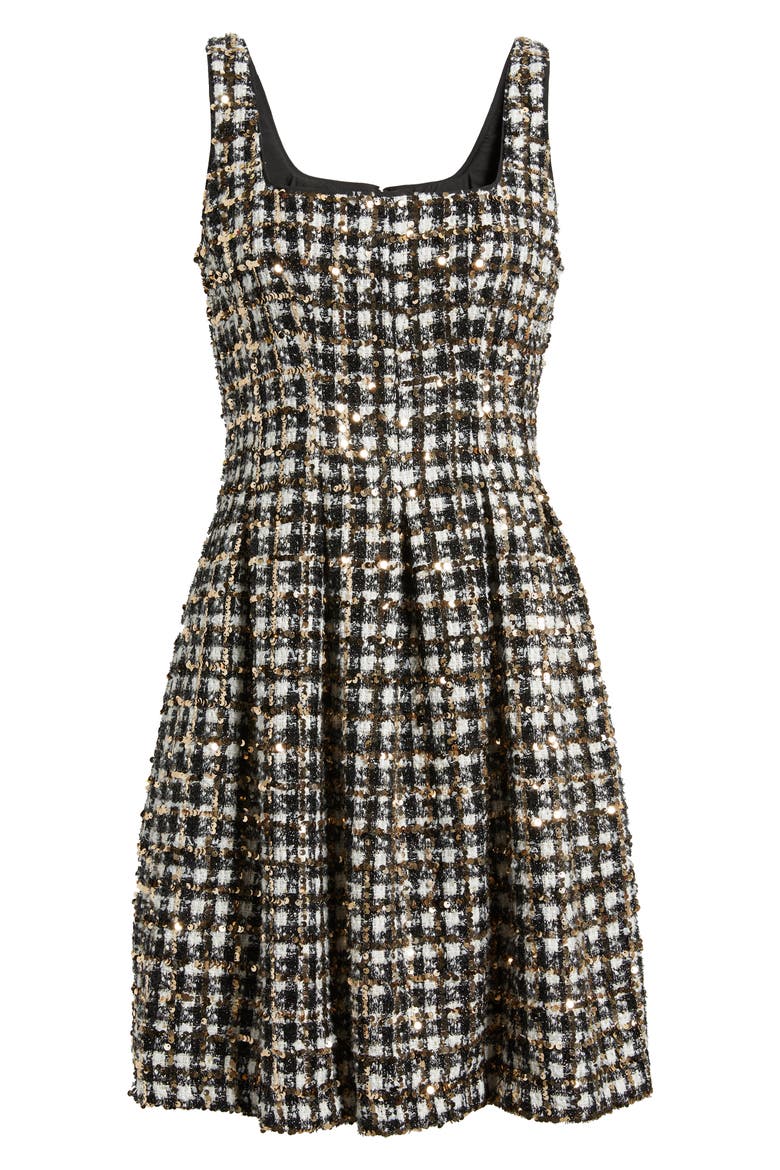 Sequin Bouclé Fit & Flare Dress, Alternate, color, WHITE BLACK