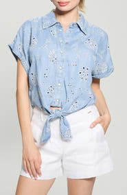 GUESS Brigitte Tie Front Eyelet Chambray Shirt