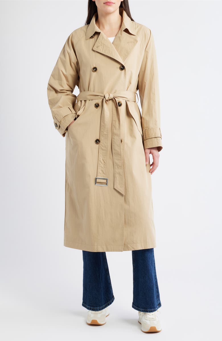 Bernardo Long Double Breasted Trench Coat, Main, color, Crisp Khaki