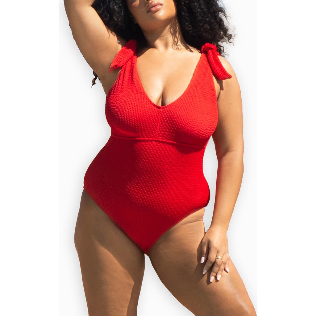 Fashion-szn Curve Sculpted Crinkle Tie Strap Swimsuit In Red