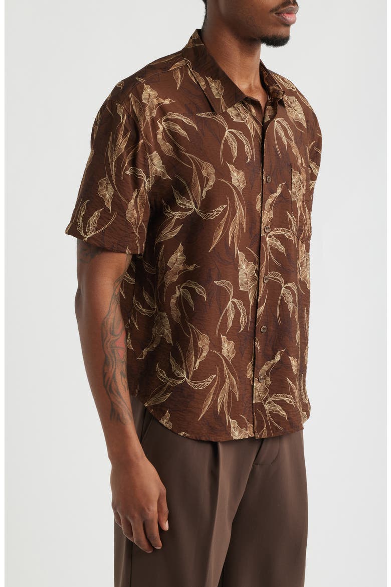 Sketched Leaves Print Relaxed Short Sleeve Button-Up Shirt, Alternate, color, BROWN SKETCHED LEAVES