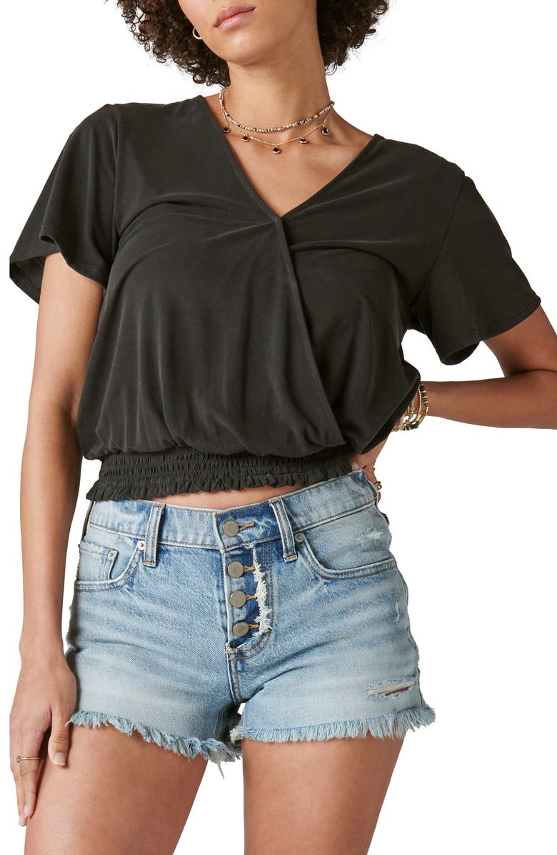 Lucky Brand Sandwash Surplice Smocked Waist Top, Main, color, 