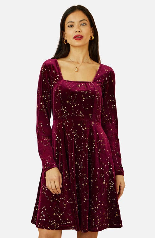 Yumi Star Foil Print Skater Dress In Burgundy