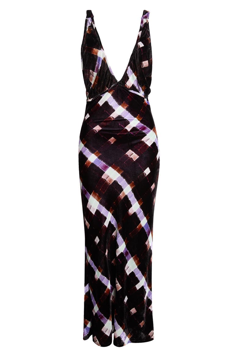 Jacqueline Painted Plaid Plunge Neck Velvet Slipdress, Alternate, color, CHOCOLATE PAINTED PLAID