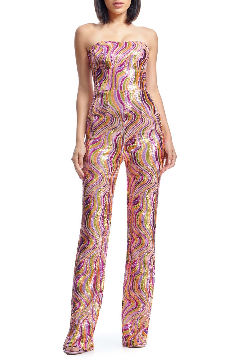 Andy Sequin Strapless Jumpsuit, Main, color, BRIGHT FUCHSIA MULTI