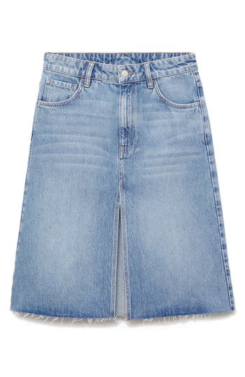 Mango Split Front Knee Length Denim Skirt In Blue