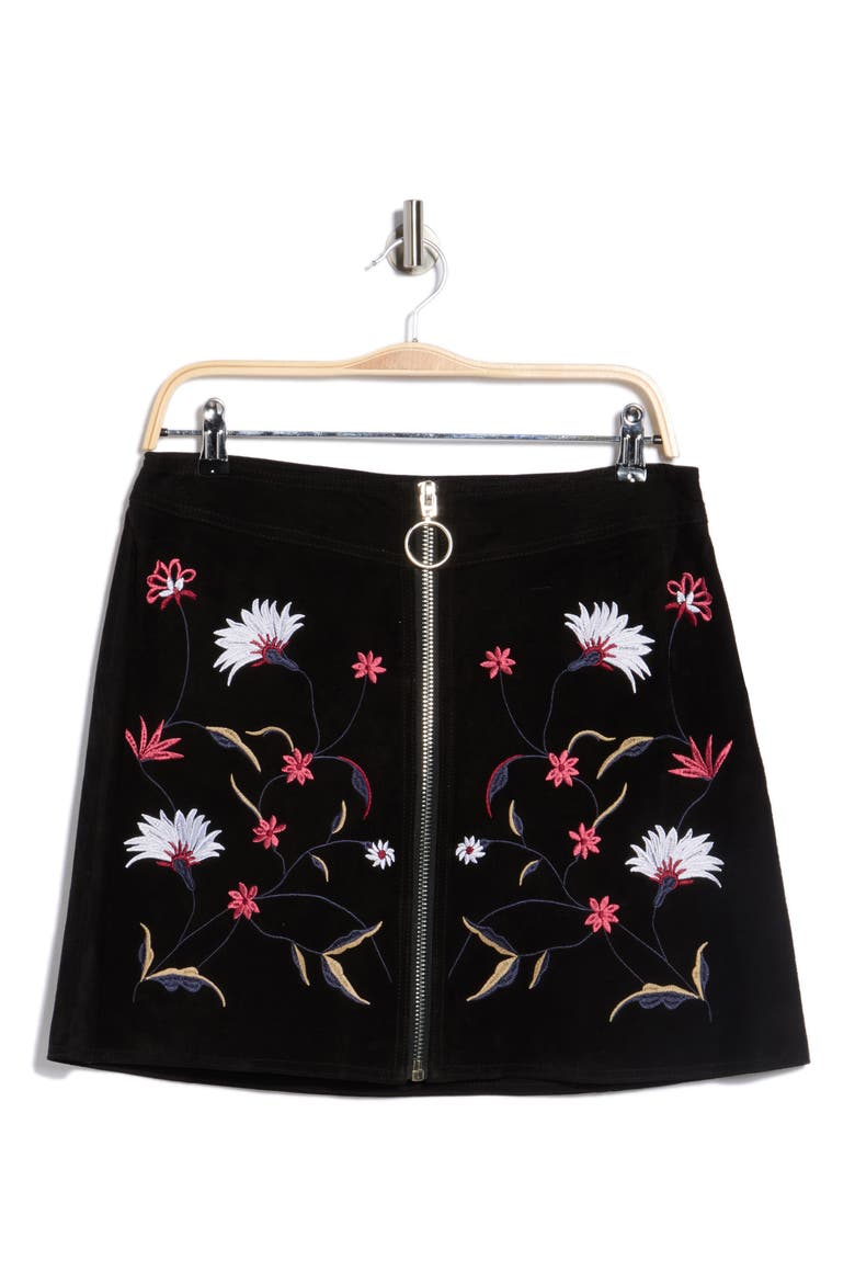 Floral Embroidered Suede Miniskirt, Alternate, color, BLACK