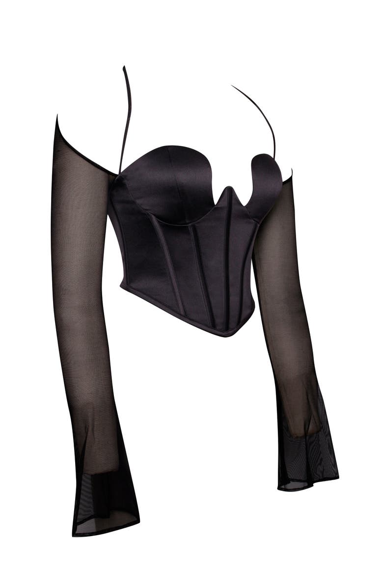 Pixie Mesh Sleeve Halter Corset Satin Top, Alternate, color, Black