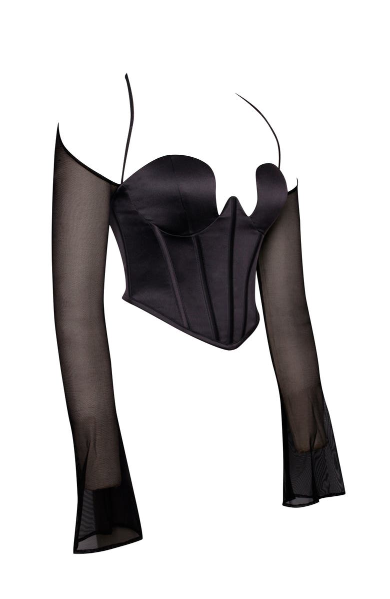 Miss Circle Pixie Mesh Sleeve Halter Corset Satin Top, Alternate, color, Black