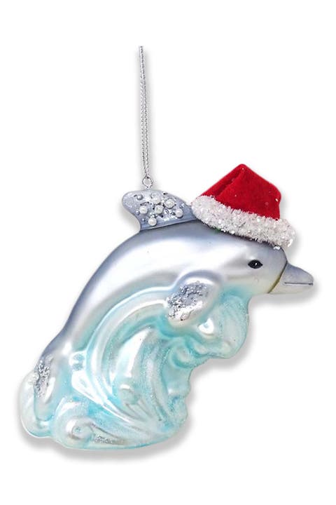 Dolphin Santa Hat Ocean Wave Glass Ornament