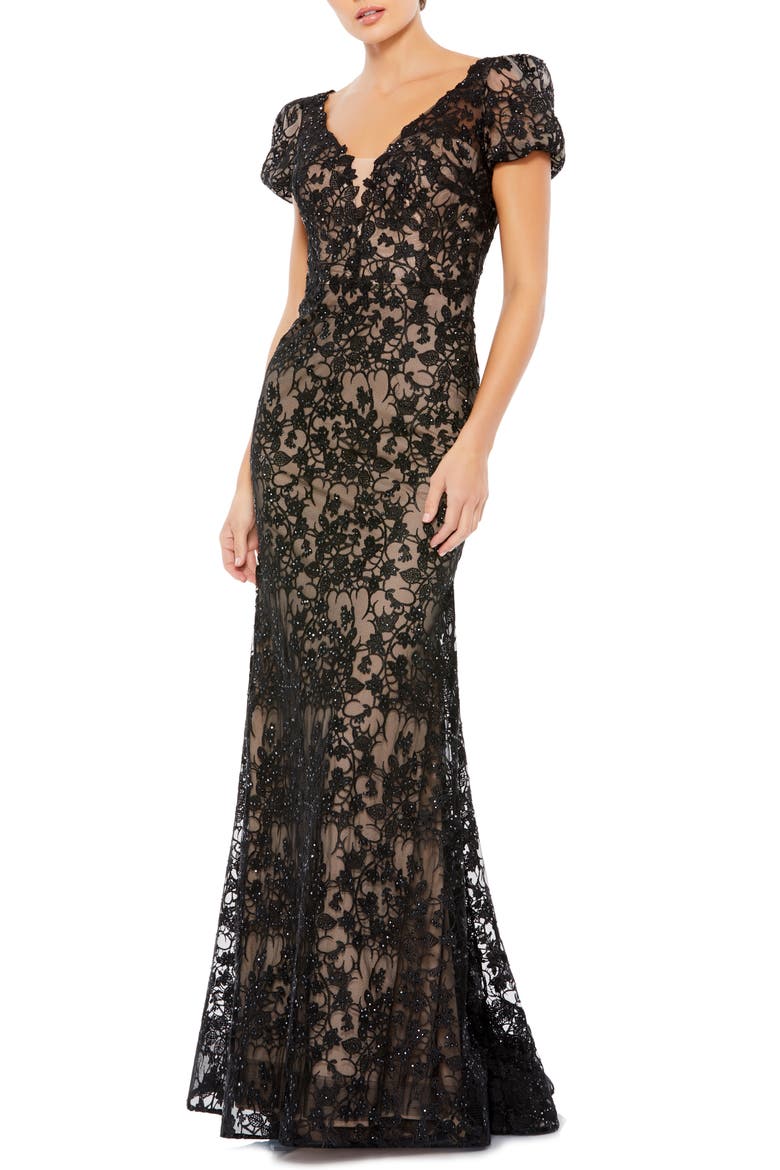 Lace Trumpet Gown, Main, color, BLACK NUDE
