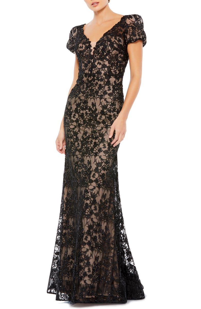 Mac Duggal Lace Trumpet Gown, Main, color, 