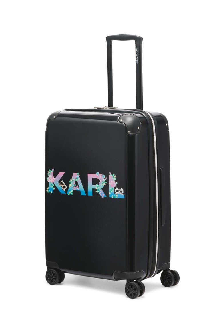 Karl Flowers Upright Suitcase, Alternate, color, Black