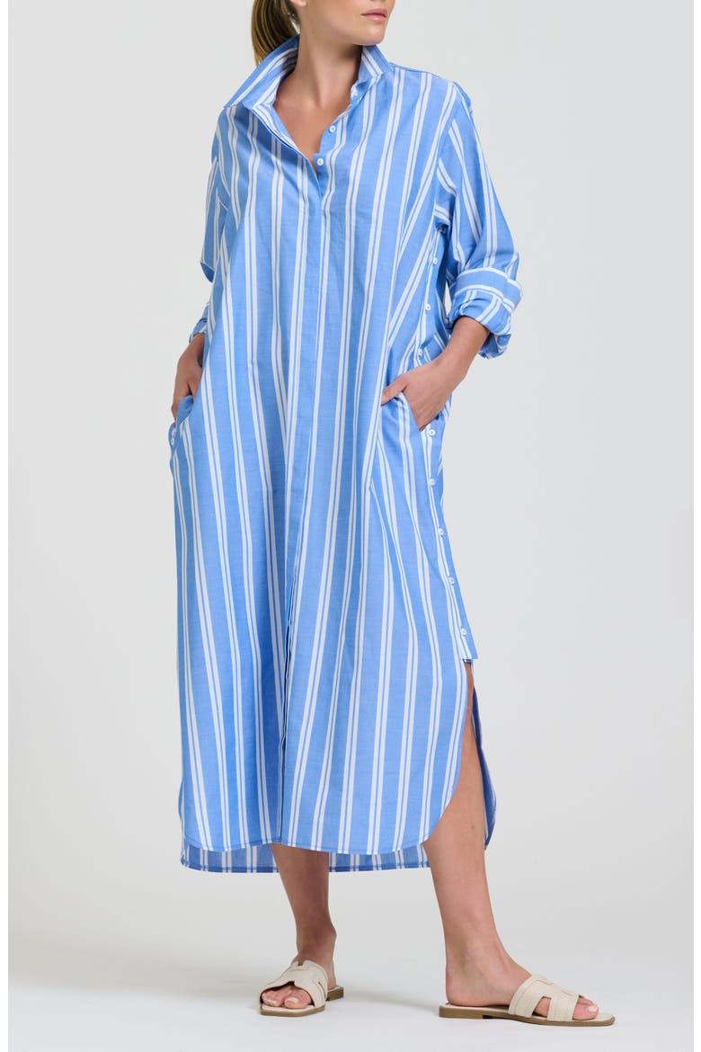 Button Side Stripe Cotton Shirtdress, Alternate, color, MID BLUE STRIPE