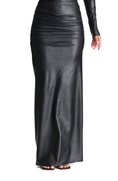 Draped Faux Leather Maxi Skirt