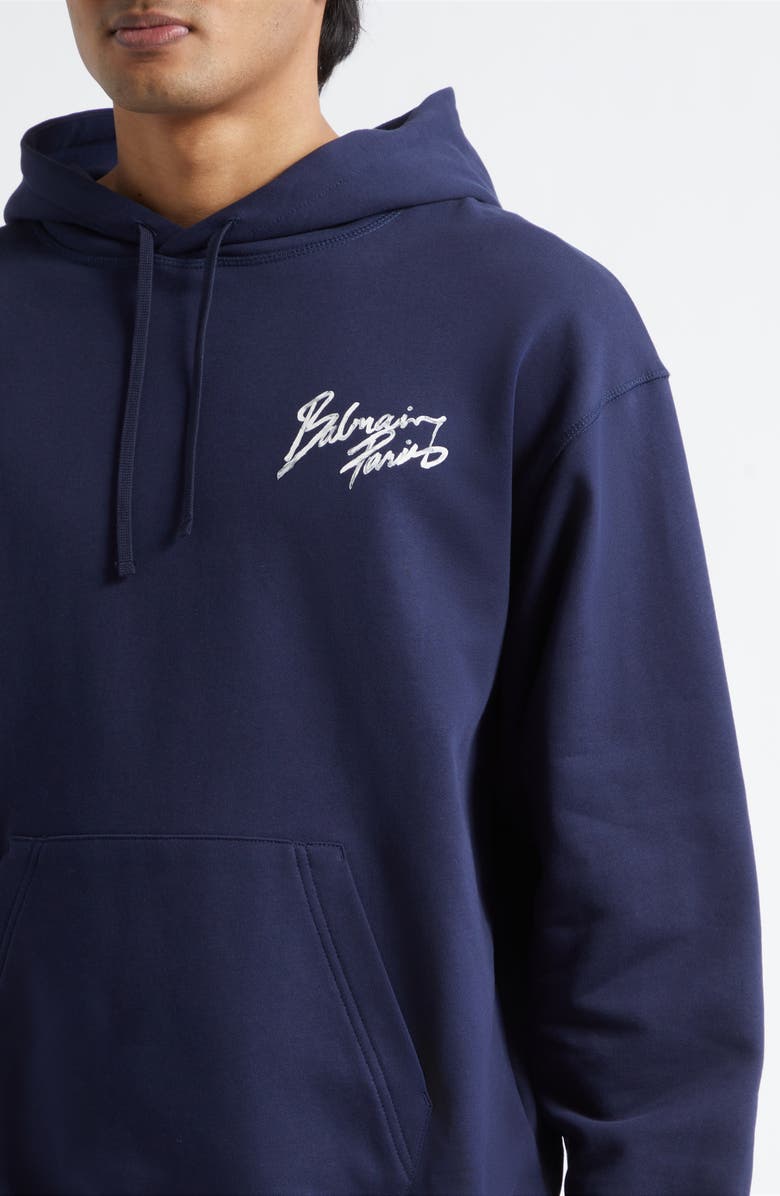 Balmain Paris Brush Logo Fleece Hoodie, Alternate, color, Siv Navy/ White