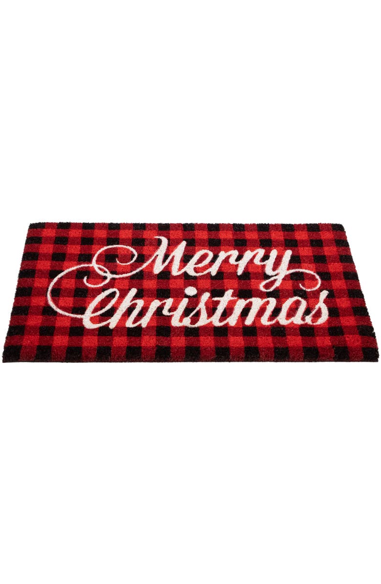 Northlight Red and Black Plaid "Merry Christmas" Natural Coir Christmas Outdoor Doormat 18" x 30", Alternate, color, 