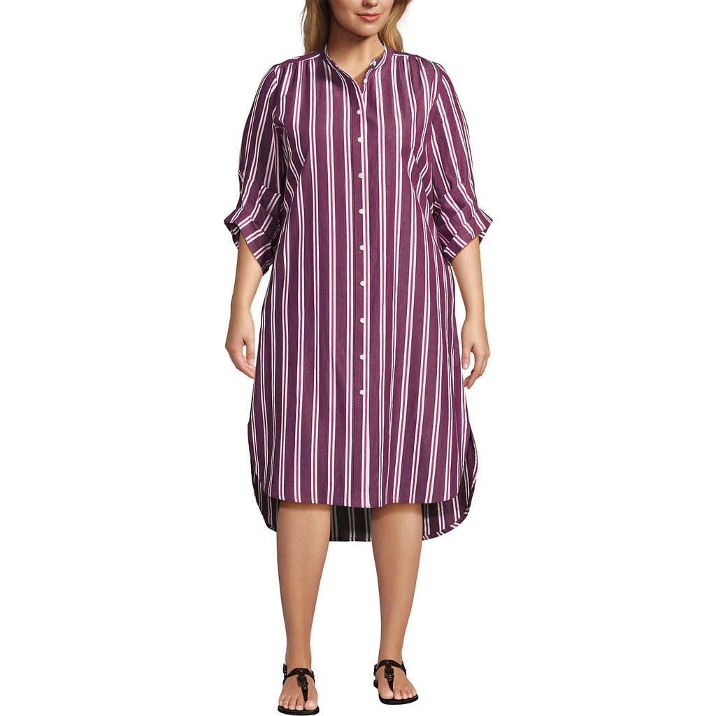 Lands' End Poplin Oversized Puff Sleeve Midi Shirt Dress In Purple