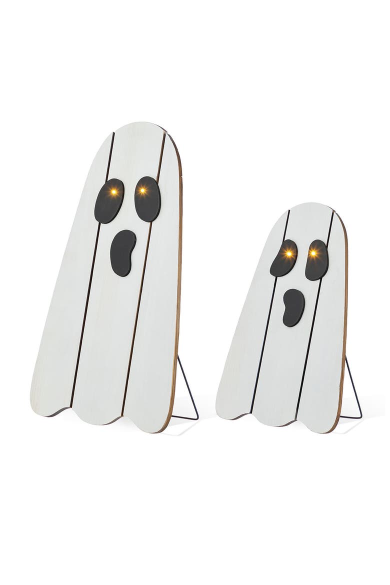 Set of 2 Halloween Lighted Wooden White Ghost Porch Decor with Timer, Main, color, White