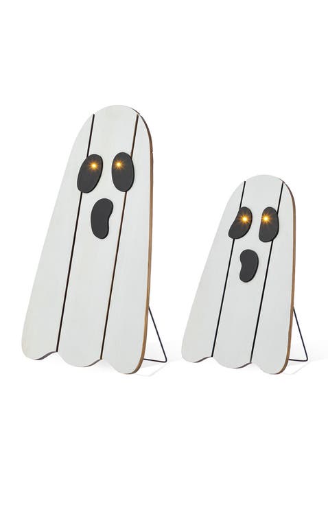 Set of 2 Halloween Lighted Wooden White Ghost Porch Decor with Timer