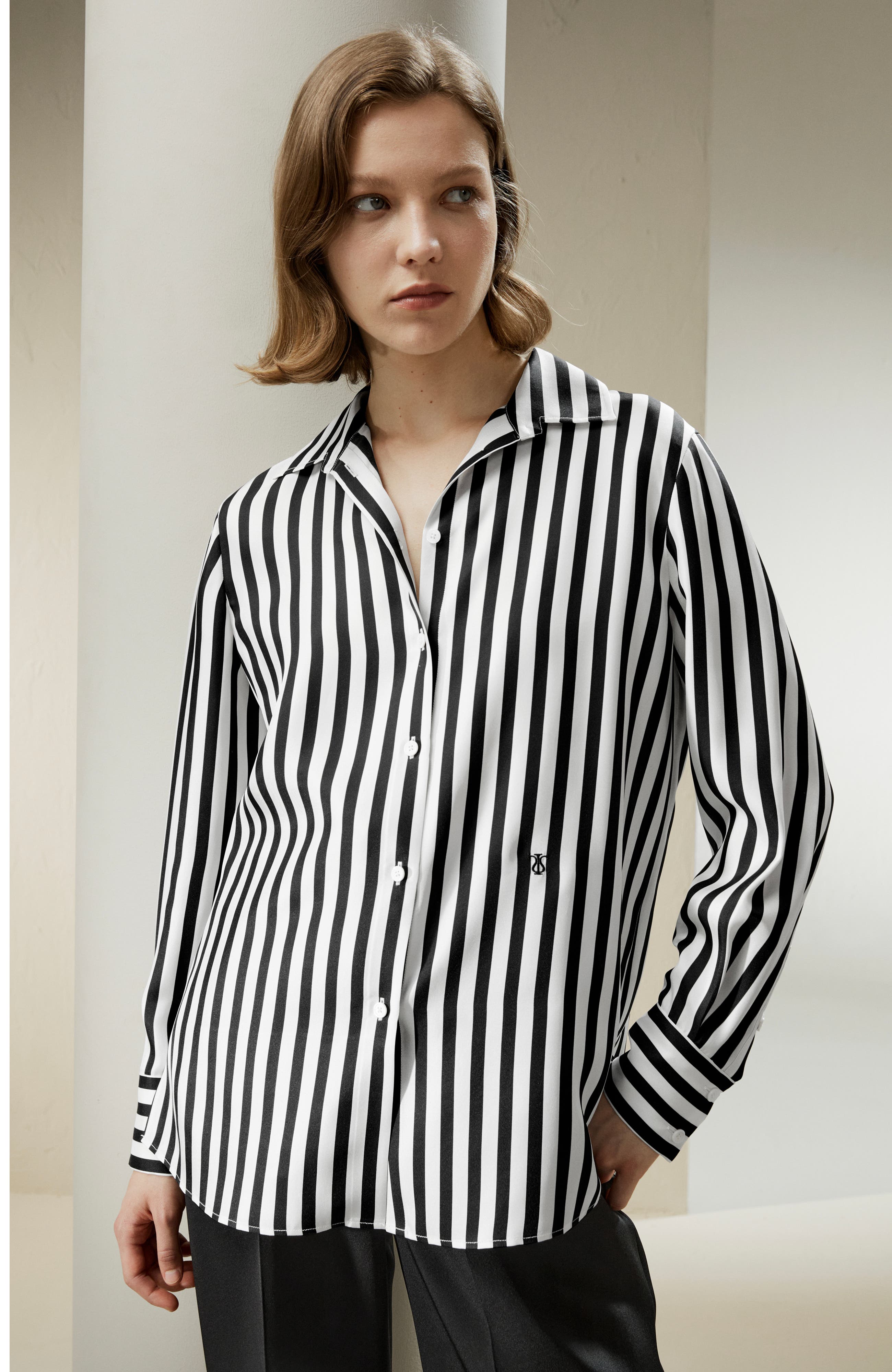 black and white striped dress shirt women's L'AGENCE Eliora Shirt In Black/Ivory Even Stripe