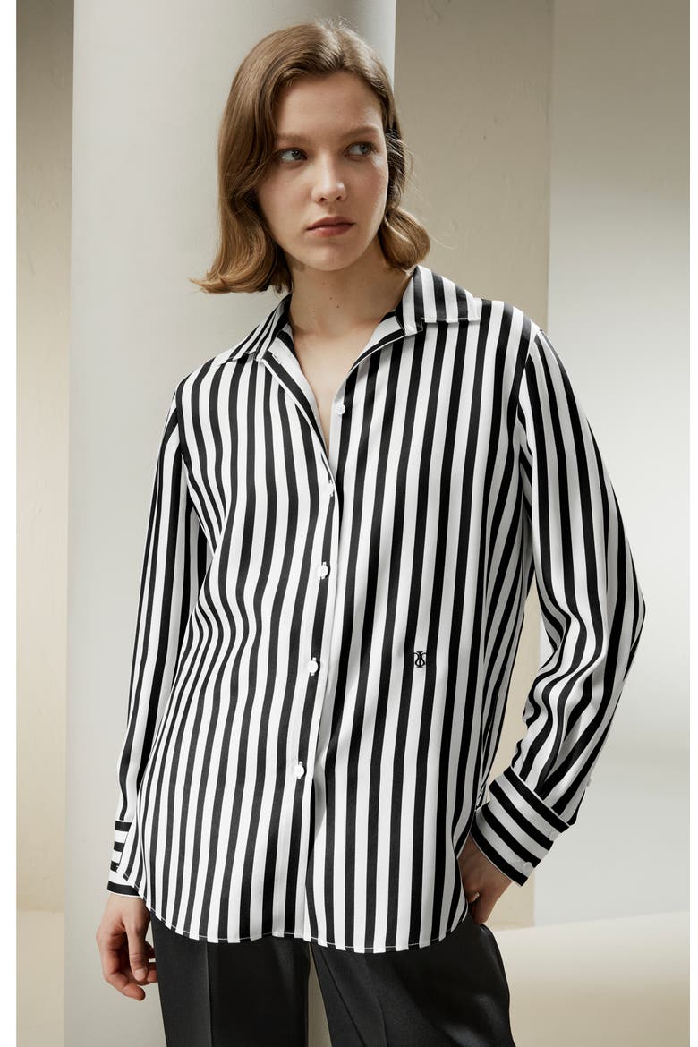 Classic Striped Silk Shirt, Alternate, color, Black-White Pinstripes