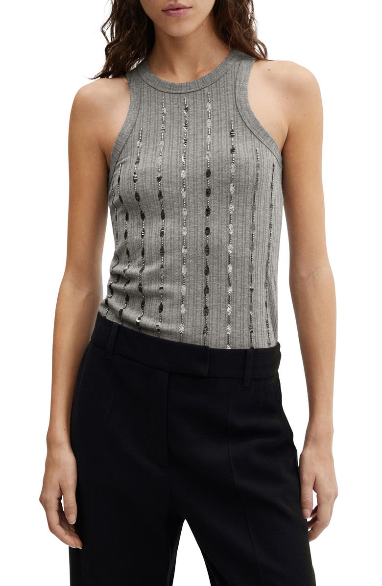 MANGO Sequin Stripe Rib Tank, Main, color, Grey