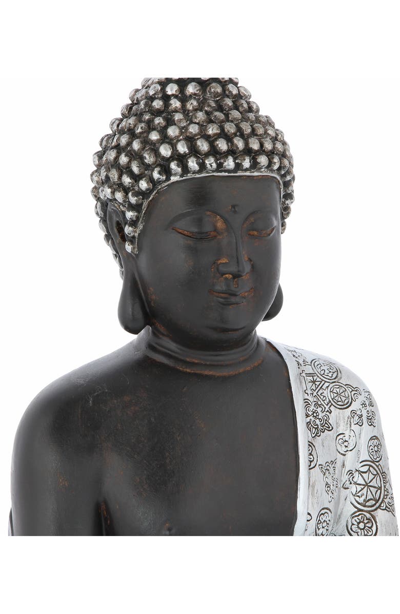 UMA Silvertone Polystone Bohemian Buddha Sculpture with Engraved Carvings and Relief Detailing, Alternate, color,