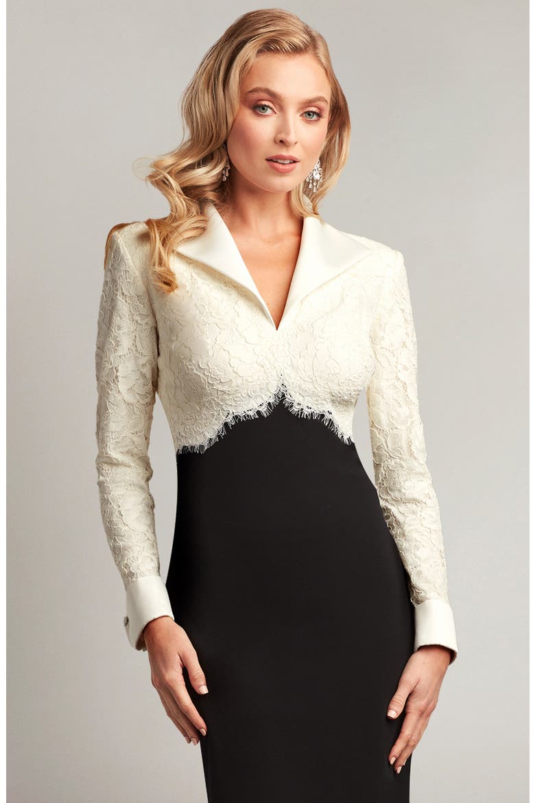 Long Sleeve Lace & Crepe Dress, Alternate, color, IVORY/ BLACK
