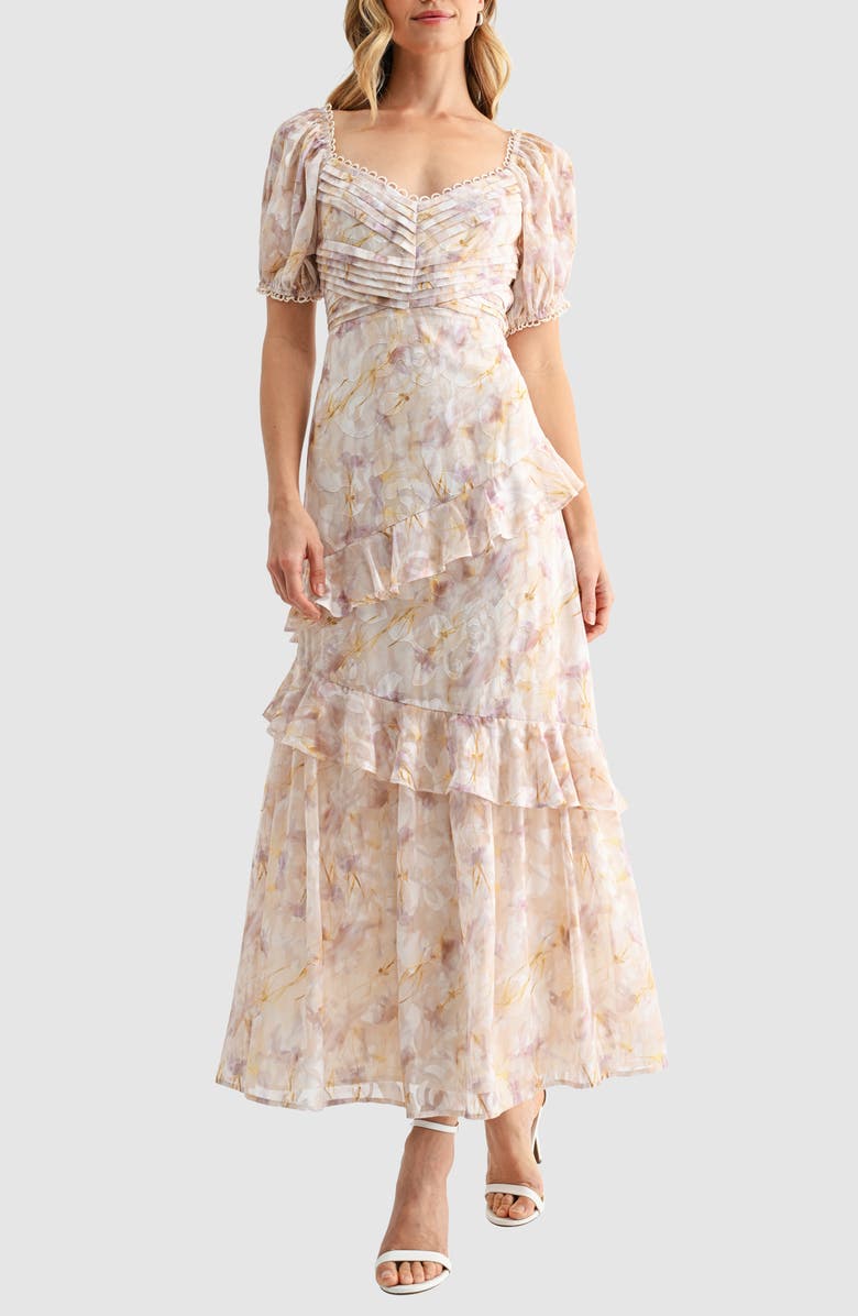 Mila Mae Floral Pleat Detail Ruffled Maxi Dress, Main, color, Yellow Floral