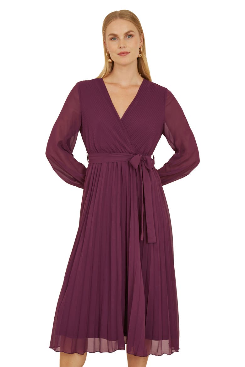 Long Sleeved Pleated Midi Wrap Dress, Alternate, color, Plum