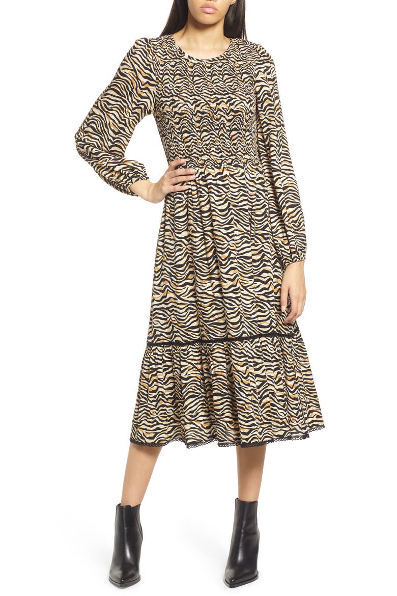 Vineyards in the Valley Zebra Print Shirred Long Sleeve Midi Dress, Main, color, BLACK GOLD ZEBRA