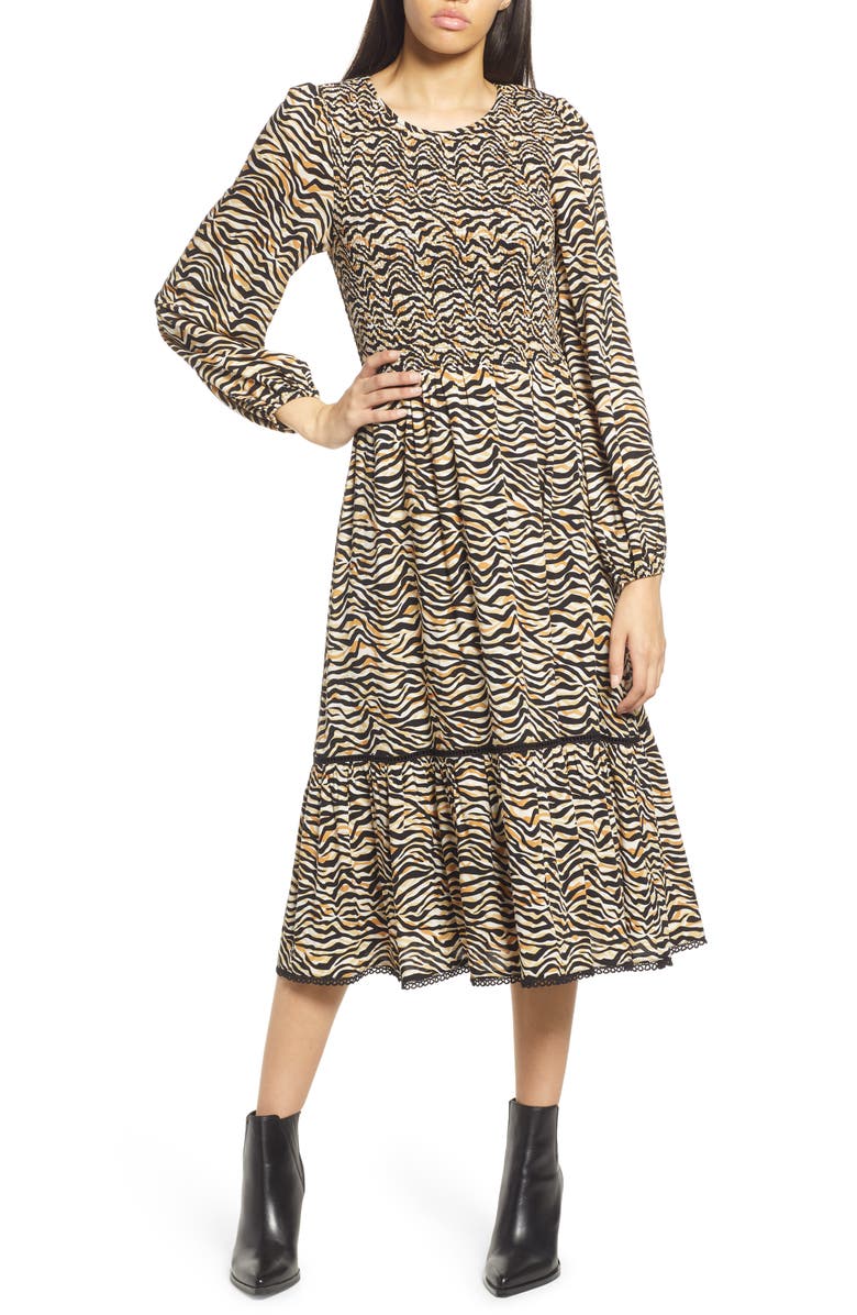Lost + Wander Vineyards in the Valley Zebra Print Shirred Long Sleeve Midi Dress, Main, color, 