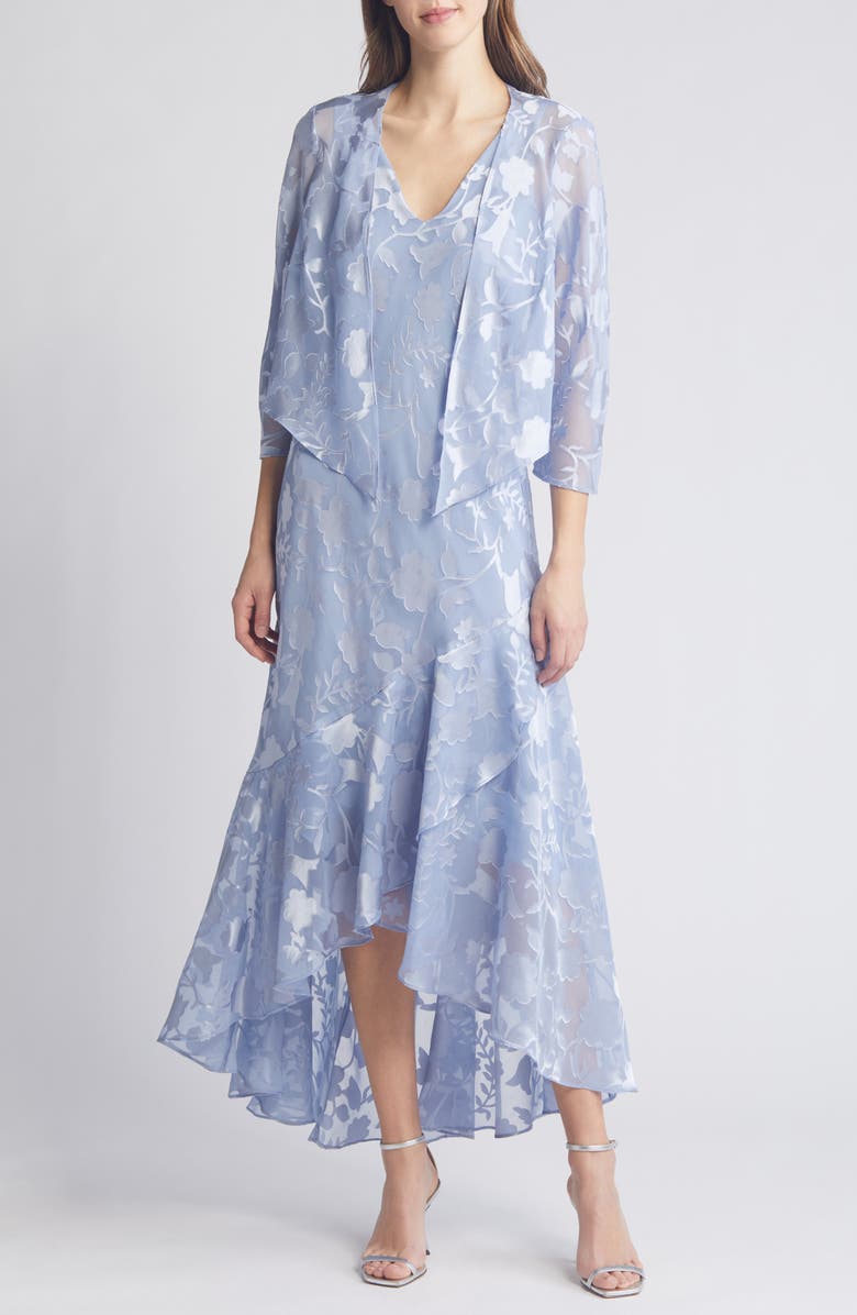 Alex Evenings Metallic Floral High-Low Chiffon Jacquard Midi Dress with Jacket, Main, color, Hydrangea