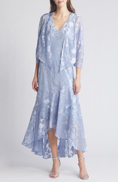 Metallic Floral High-Low Chiffon Jacquard Midi Dress with Jacket