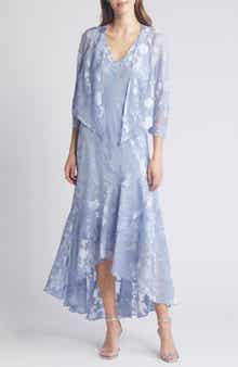 Metallic Floral High-Low Chiffon Jacquard Midi Dress with Jacket
