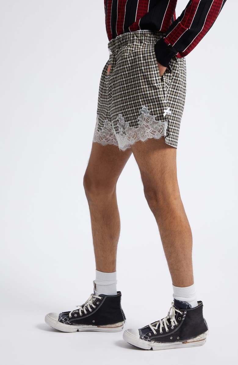 Martine Rose Lace Trim Check Stretch Cotton Boxer Shorts, Alternate, color, Black Green
