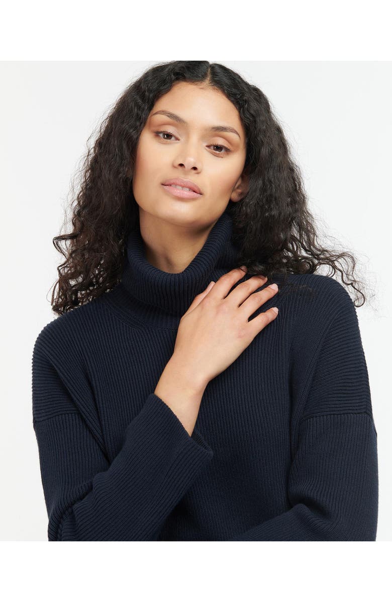 Barbour Stitch Long Sleeve Cotton Blend Rib Turtleneck Sweater Dress, Alternate, color, Navy
