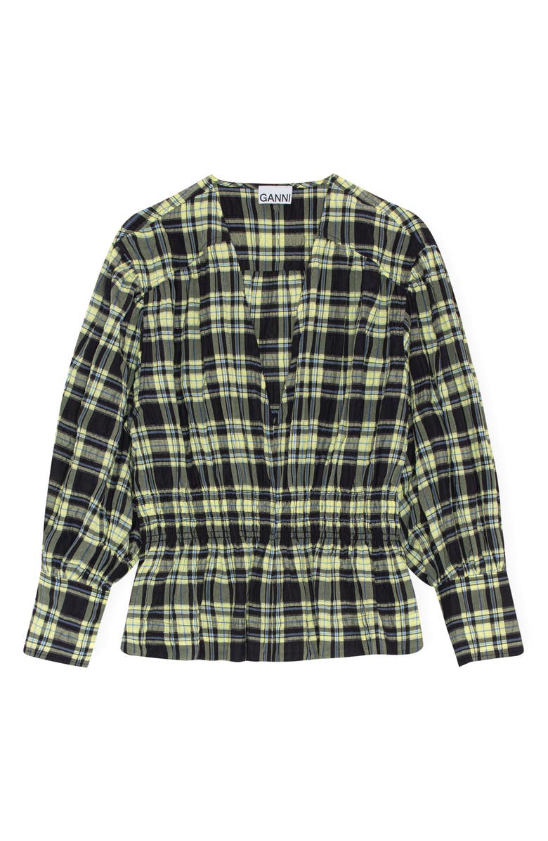 Ganni Seersucker Plunge V-Neck Long Sleeve Top, Main, color,