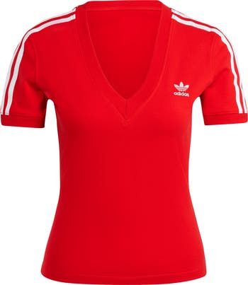 Adidas Women s Adicolor 3 Stripes V Neck T Shirt Red T shirts