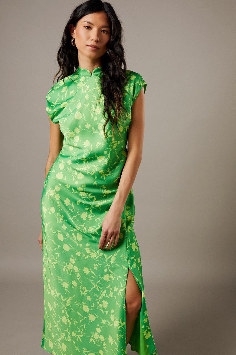 Crinkle Satin Button Side Midi Dress, Alternate, color, Floral