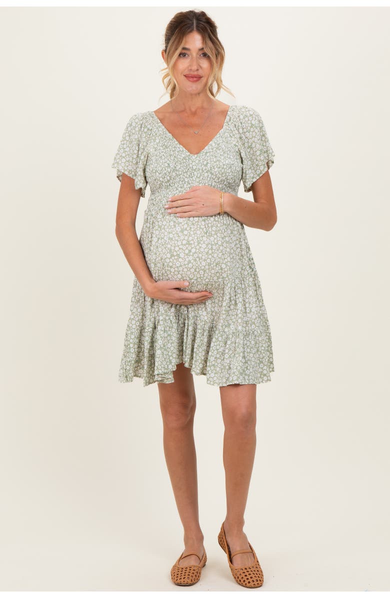 PinkBlush V Neck Smocked Bodice Ditsy Print Dress, Alternate, color, Green