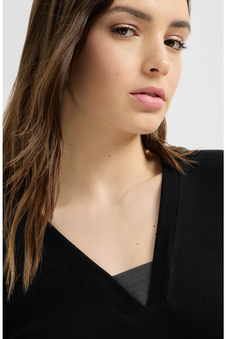 Stretch cotton ribbed jersey top with precious insert, Alternate, color, Black
